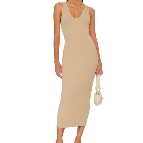 LNA Gaia Midi Ribbed Dress New in Pale Khaki Tan Size Small - Picture 1 of 12